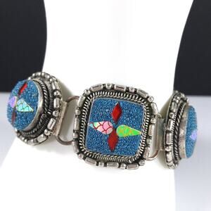 Art Crafted Five Linked Bracelet, Silver Tone, Iridescent Design, 1960s Vintage